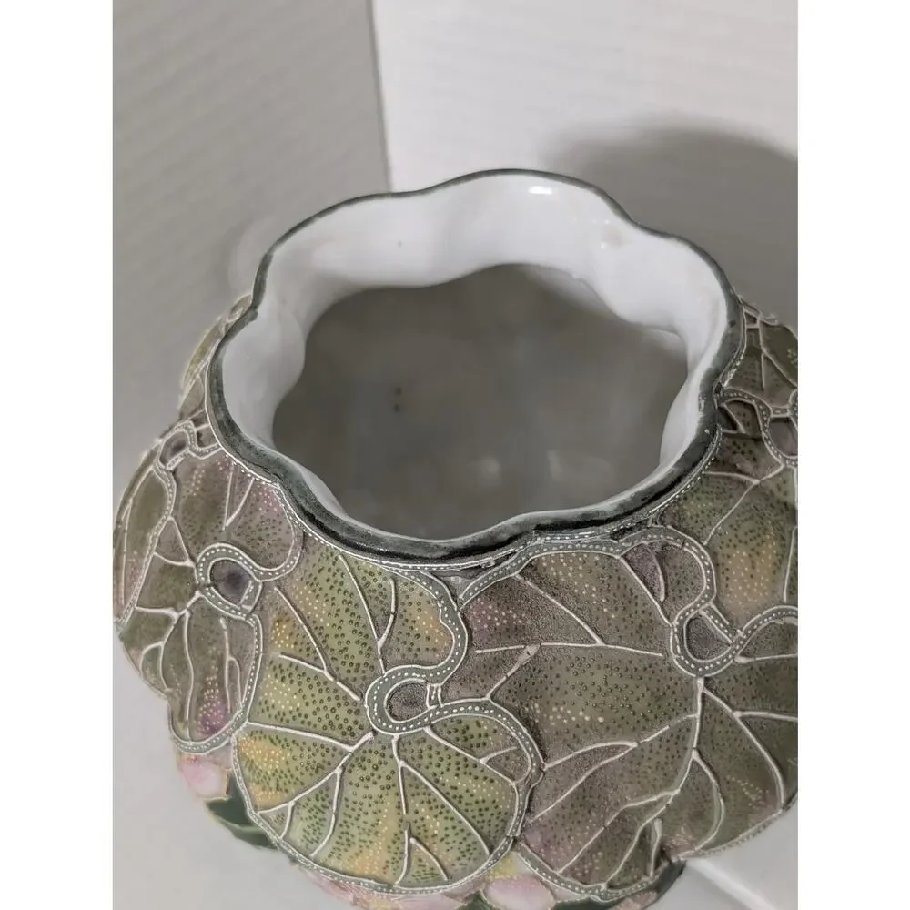 Antique Nippon Moriage Lobed Porcelain Vase Lotus Leaf Floral